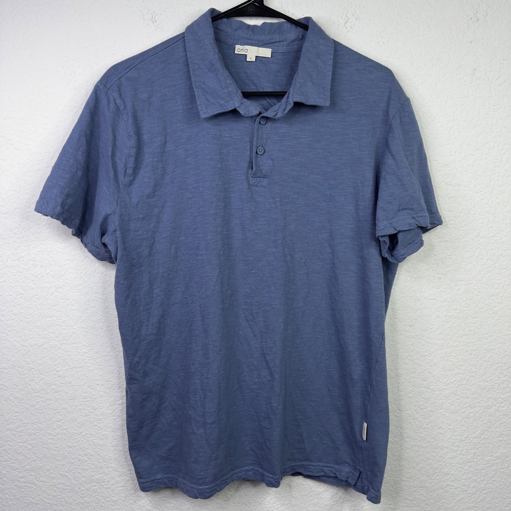 Onia Polo Shirt Mens L Blue Short Sleeve Polo Slub Knit Minimalist Preppy Casual
